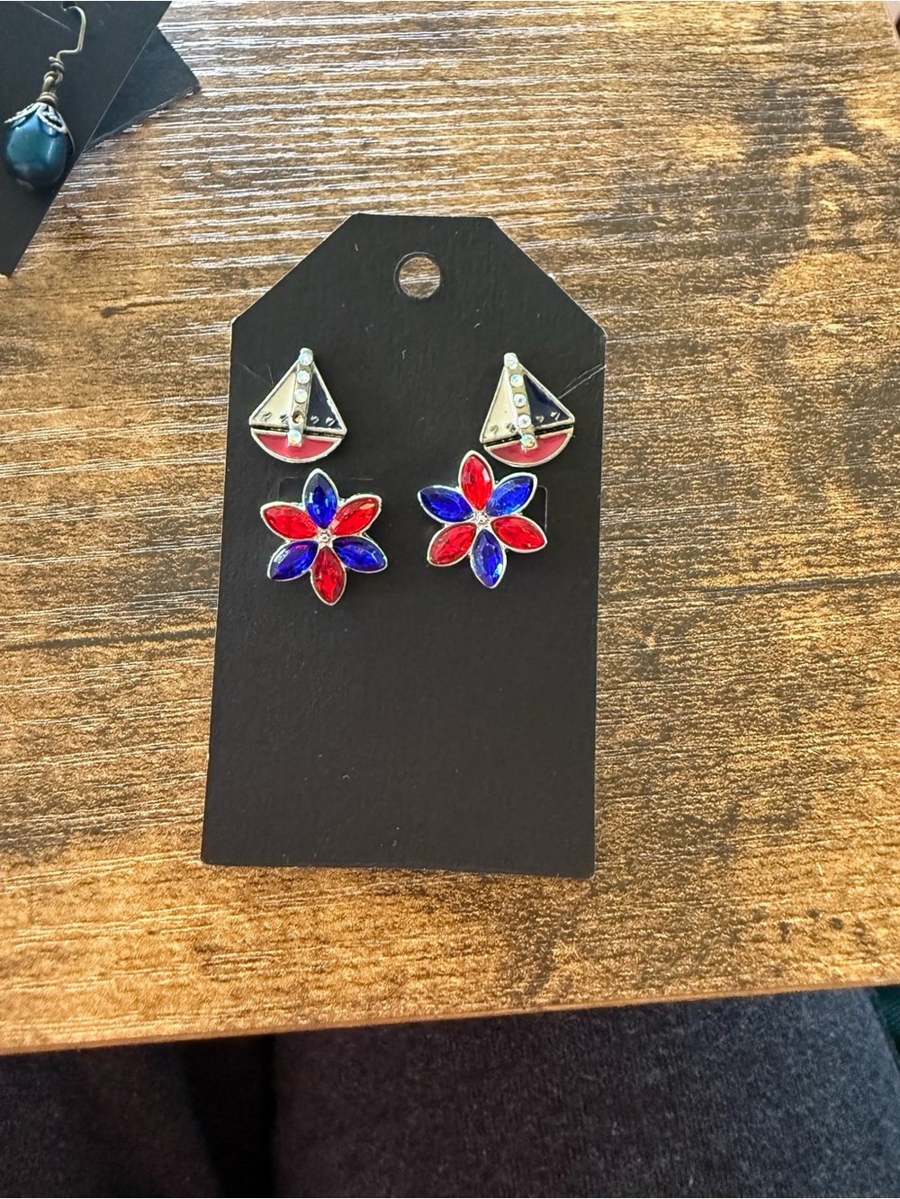 Red & Blue Flower and Sailboat Stud Earring Set - Women Accessories